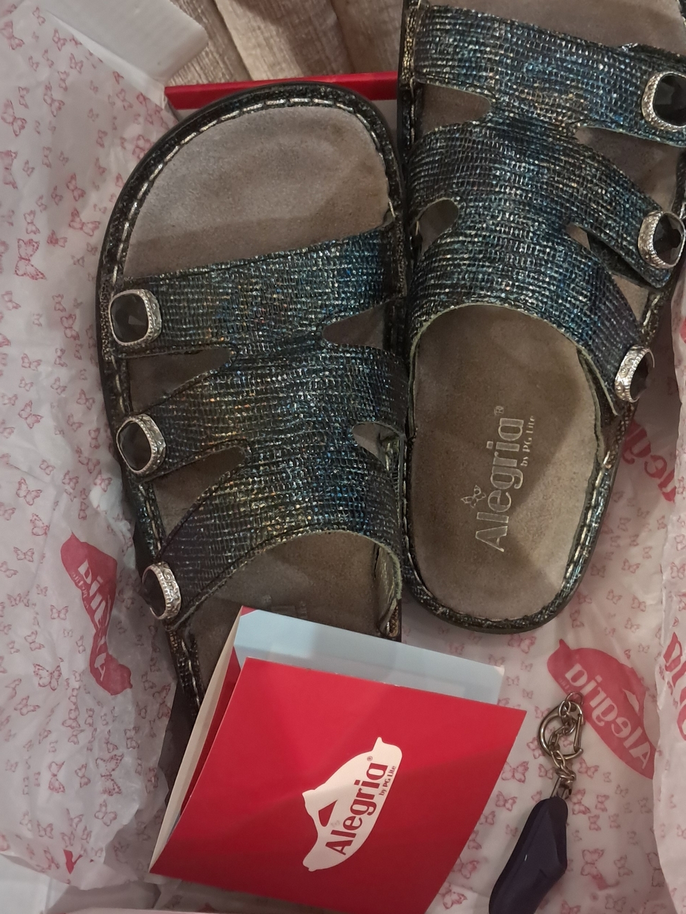 🏷Alegria Black Shimmery Multi-Strap Slide Sandals - Picture 2 of 8